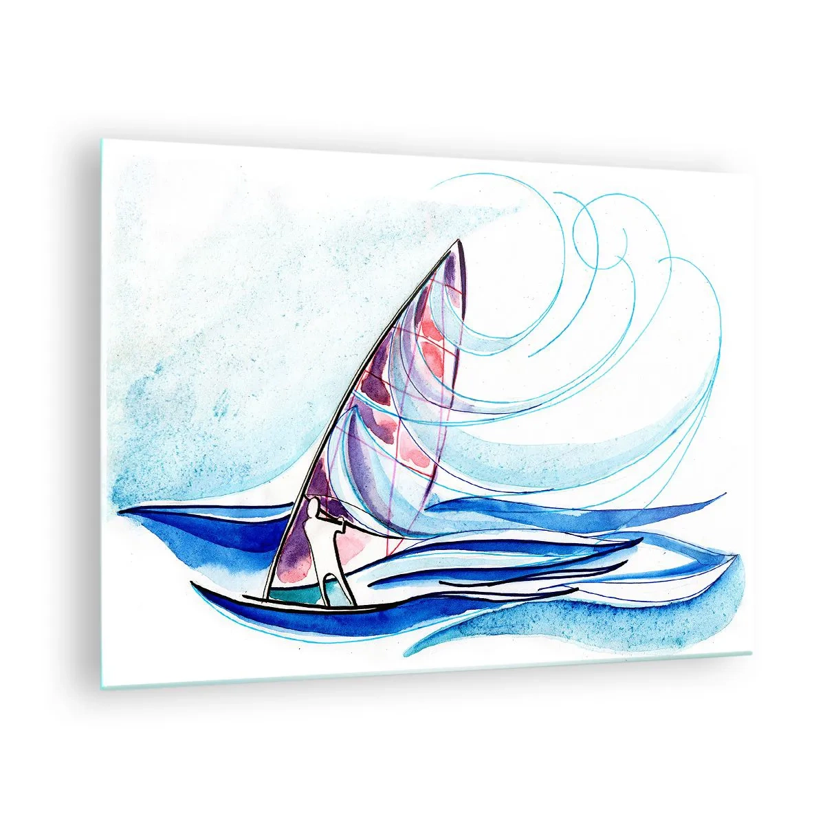 Glasbild - Bild auf glas - Ein Segelboot auf den Wellen im Aquarellstil - 70x50cm - Mit dem Wind im Rhythmus der Wellen - Moderne Wanddekoration für Wohnzimmer und Schlafzimmer ARTTOR