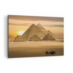 Bild auf Leinwand - Leinwandbild - Pyramiden in Ägypten bei Sonnenuntergang mit Reitern auf Pferden - 100x70cm - Seit Tausenden von Jahren keine Veränderung - Moderne Wanddekoration für Wohnzimmer und Schlafzimmer ARTTOR