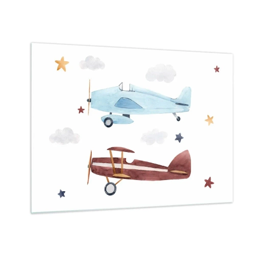 Glasbild - Bild auf glas - Zwei bunte Flugzeuge zwischen Sternen und Wolken - 70x50cm - Wir warten, Herr Pilot! - Moderne Wanddekoration für Wohnzimmer und Schlafzimmer ARTTOR