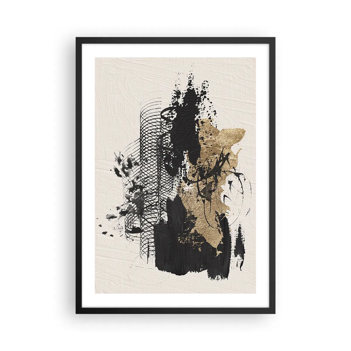Poster in einem schwarzem Rahmen - Abstrakte Komposition in Schwarz- und Goldtönen - 50x70cm - Komposition mit Leidenschaft - Moderne Wanddekoration für Wohnzimmer und Schlafzimmer ARTTOR