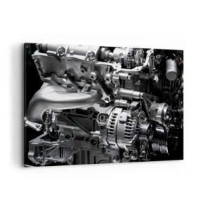 Bild auf Leinwand - Leinwandbild - Nahaufnahme von metallischen Motorteilen auf schwarzem Hintergrund - 100x70cm - Stahl, schön, stark - Moderne Wanddekoration für Wohnzimmer und Schlafzimmer ARTTOR