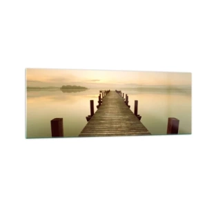 Glasbild - Bild auf glas - Ein Holzsteg an einem ruhigen See am Morgen - 140x50cm - Tagesanbruch, Morgendämmerung, Licht - Moderne Wanddekoration für Wohnzimmer und Schlafzimmer ARTTOR