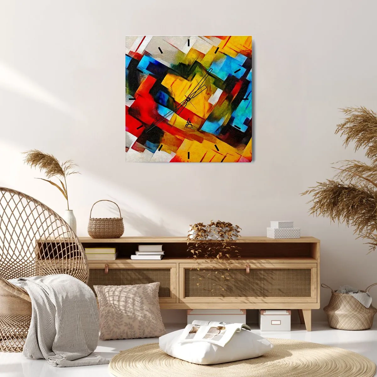 Wanduhr - Glasuhr - Abstrakte geometrische Komposition in lebendigen Farben - 30x30cm - Ein bunter Interleaver - Moderne Wanddekoration für Wohnzimmer und Schlafzimmer ARTTOR