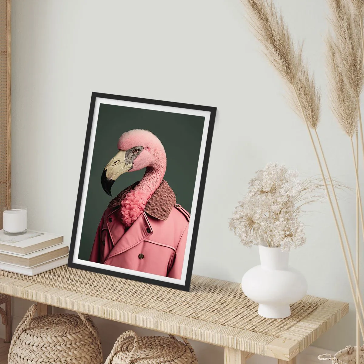 Poster in einem schwarzem Rahmen - Ein stylischer Flamingo im eleganten Mantel - 50x70cm - Echte Eleganz - Moderne Wanddekoration für Wohnzimmer und Schlafzimmer ARTTOR