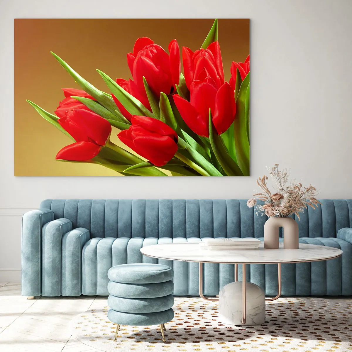 Glasbild - Bild auf glas - Ein Strauß roter Tulpen auf goldenem Hintergrund - 100x70cm - Ein Haufen Frühlingsfreude - Moderne Wanddekoration für Wohnzimmer und Schlafzimmer ARTTOR