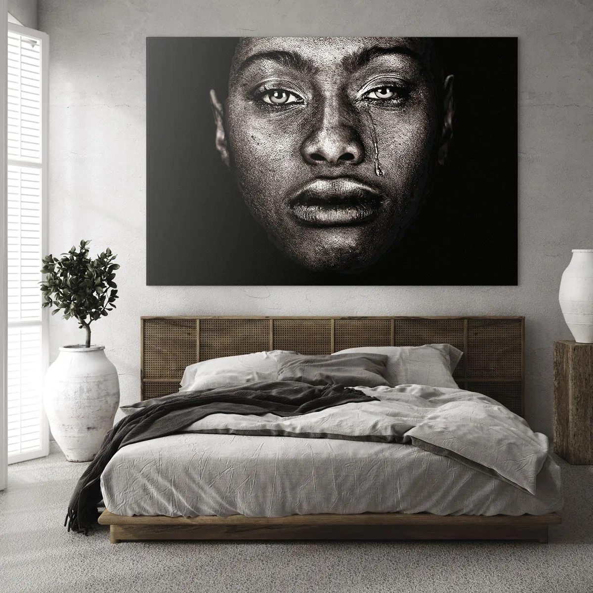 Glasbild - Bild auf glas - Emotionales Porträt einer Frau mit einer Träne auf der Wange - 120x80cm - Eine Träne - Moderne Wanddekoration für Wohnzimmer und Schlafzimmer ARTTOR