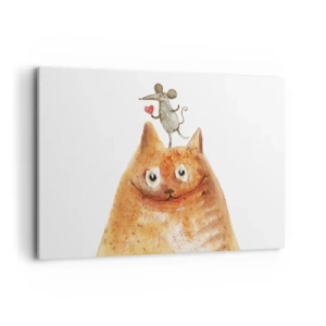 Bild auf Leinwand - Leinwandbild - Eine Zeichnung einer Katze mit einer Maus auf dem Kopf, die ein Herz hält - 120x80cm - Paradoxien der Liebe - Moderne Wanddekoration für Wohnzimmer und Schlafzimmer ARTTOR