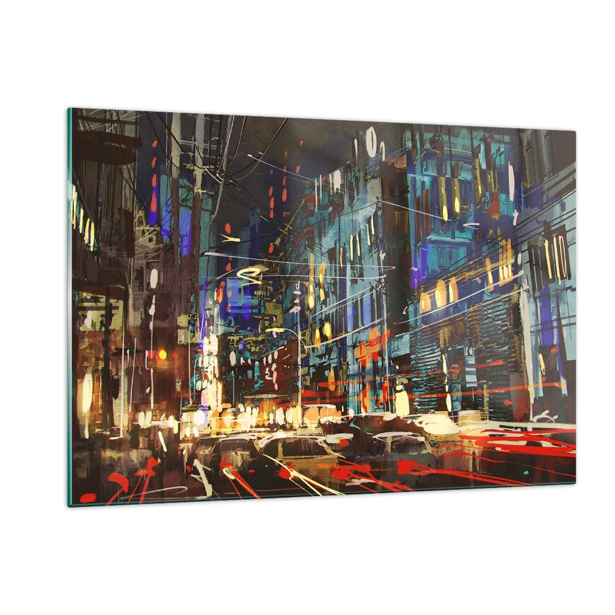 Glasbild - Bild auf glas - Abendliche Stadtstraße mit Neonlichtern und Verkehr - 120x80cm - Abendlicher Straßentrubel - Moderne Wanddekoration für Wohnzimmer und Schlafzimmer ARTTOR