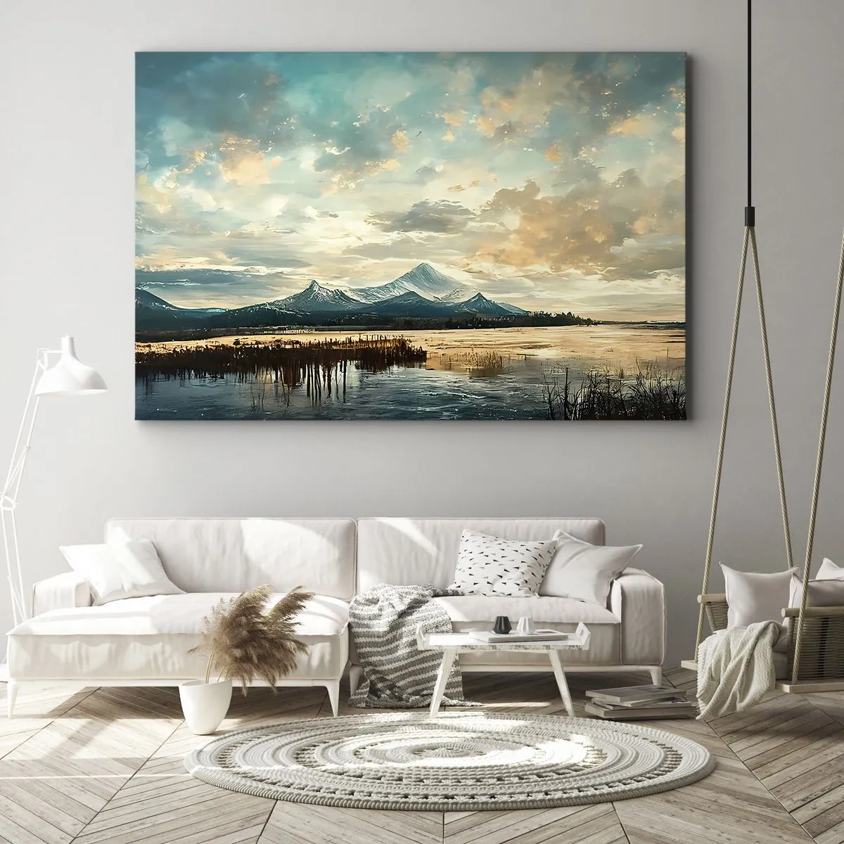 Bild auf Leinwand - Leinwandbild - Eine malerische Landschaft mit einem Berg und einem ruhigen See - 100x70cm - Unter dem Schutz des Himmels - Moderne Wanddekoration für Wohnzimmer und Schlafzimmer ARTTOR