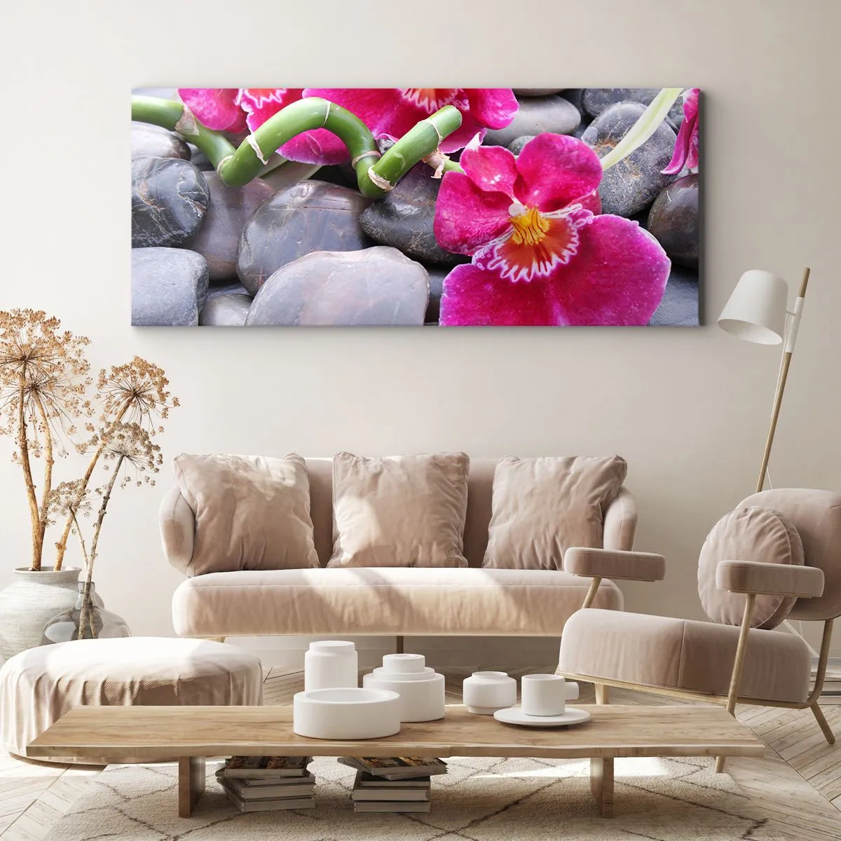 Bild auf Leinwand - Leinwandbild - Rosa Orchideen vor einem Hintergrund aus glatten Steinen - 160x50cm - Kühlen und erhitzen - Moderne Wanddekoration für Wohnzimmer und Schlafzimmer ARTTOR