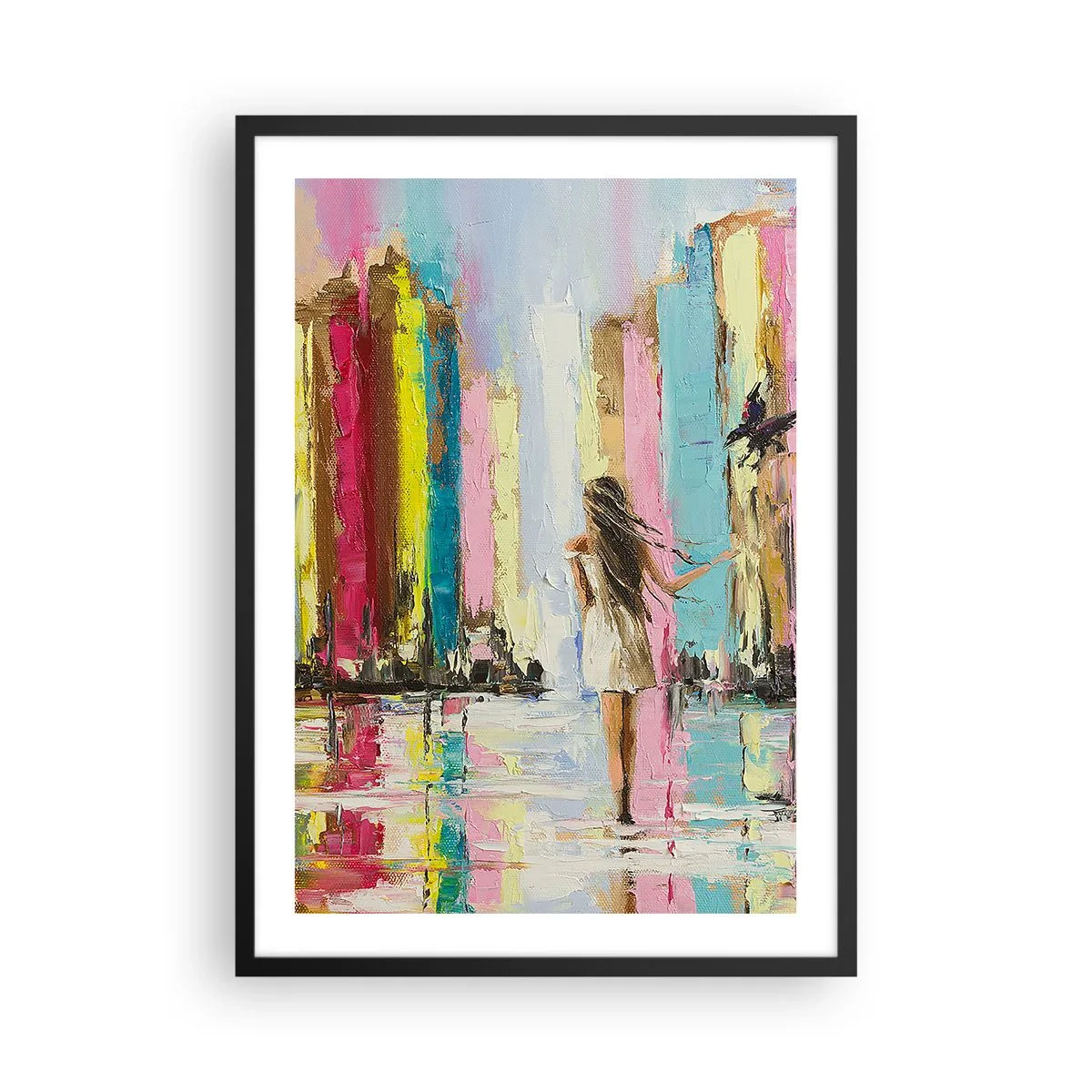 Poster in einem schwarzem Rahmen - Eine Frau zwischen farbenfrohen Gebäuden im impressionistischen Stil - 50x70cm - Folge mir - Moderne Wanddekoration für Wohnzimmer und Schlafzimmer ARTTOR