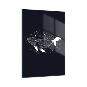 Glasbild - Bild auf glas - Grafische weiße Silhouette eines im Weltraum schwebenden Wals - 50x70cm - Im Ozean des Universums - Moderne Wanddekoration für Wohnzimmer und Schlafzimmer ARTTOR