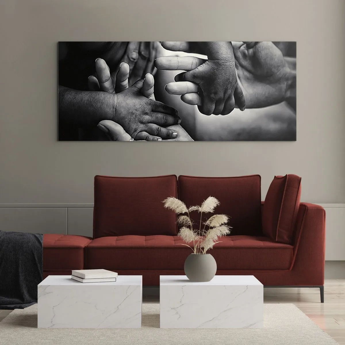 Glasbild - Bild auf glas - Schwarze und weiße Hände verschiedener Generationen - 120x50cm - Mensch sein - Moderne Wanddekoration für Wohnzimmer und Schlafzimmer ARTTOR