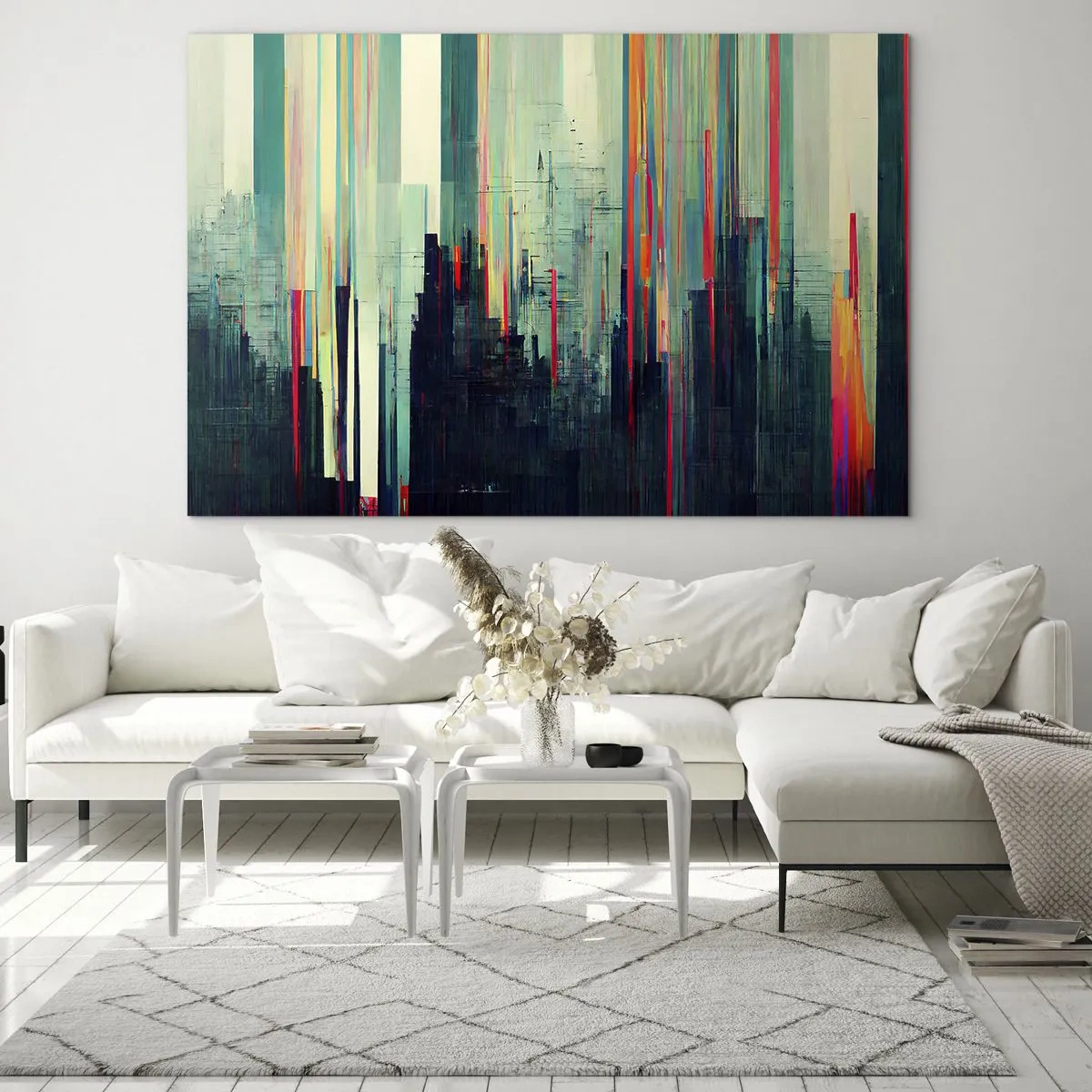 Glasbild - Bild auf glas - Vertikale farbige Linien bilden den Umriss einer futuristischen Metropole. - 70x50cm - Futuristische Stadt - Moderne Wanddekoration für Wohnzimmer und Schlafzimmer ARTTOR