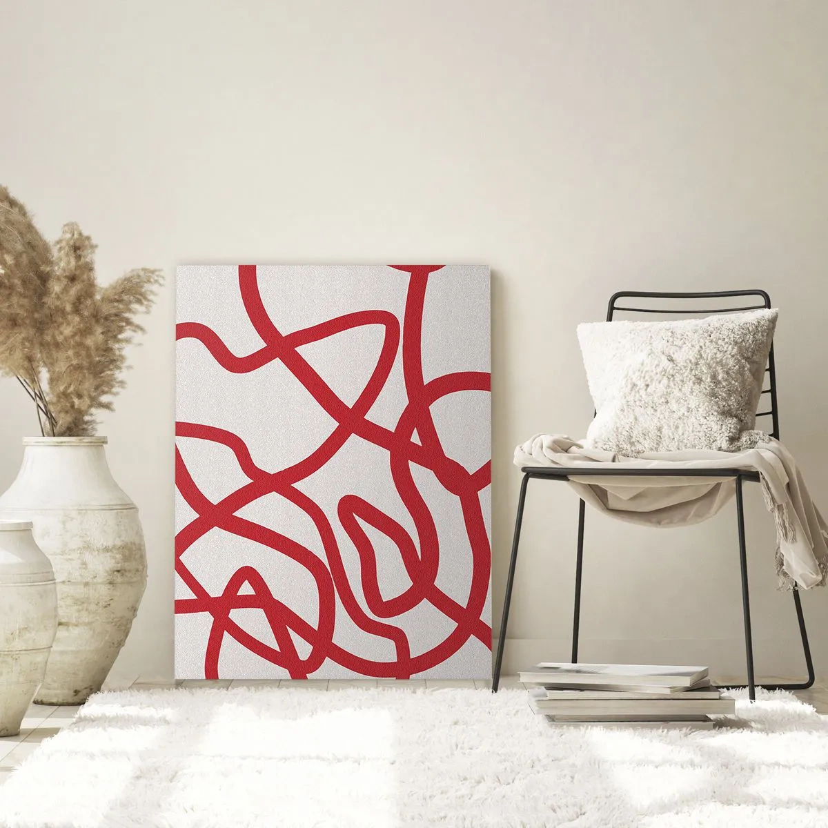 Glasbild - Bild auf glas - Rote Linien wirbeln dynamisch auf weißem Hintergrund - 50x70cm - Rot auf Weiß - Moderne Wanddekoration für Wohnzimmer und Schlafzimmer ARTTOR