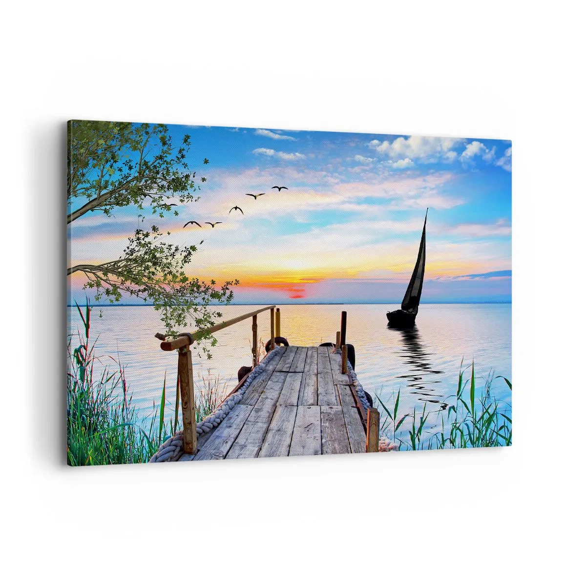 Bild auf Leinwand - Leinwandbild - Seepier mit Boot und Sonnenuntergang - 100x70cm - Guten Abend - Moderne Wanddekoration für Wohnzimmer und Schlafzimmer ARTTOR