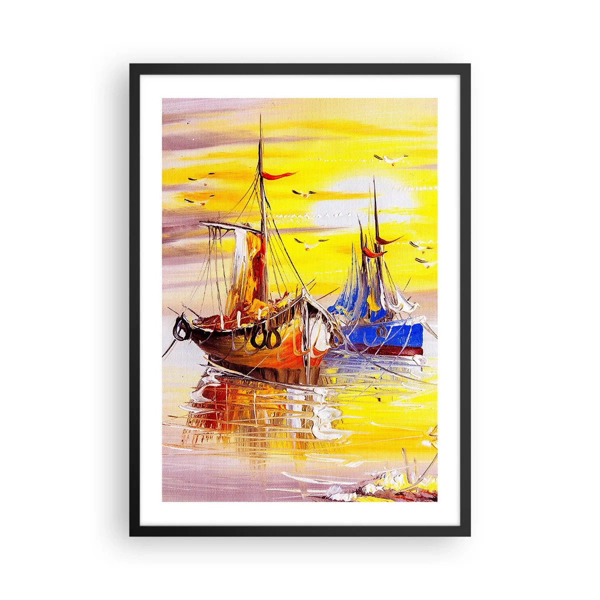 Poster in einem schwarzem Rahmen - Bunte Segelboote bei Sonnenuntergang - 50x70cm - Eine wohlverdiente Pause im Hafen - Moderne Wanddekoration für Wohnzimmer und Schlafzimmer ARTTOR