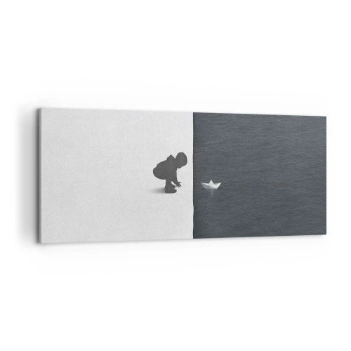 Bild auf Leinwand - Leinwandbild - Eine Kinderfigur mit einem Papierboot vor einem Hintergrund aus kontrastierenden Hälften - 120x50cm - Tolle Expedition - Moderne Wanddekoration für Wohnzimmer und Schlafzimmer ARTTOR