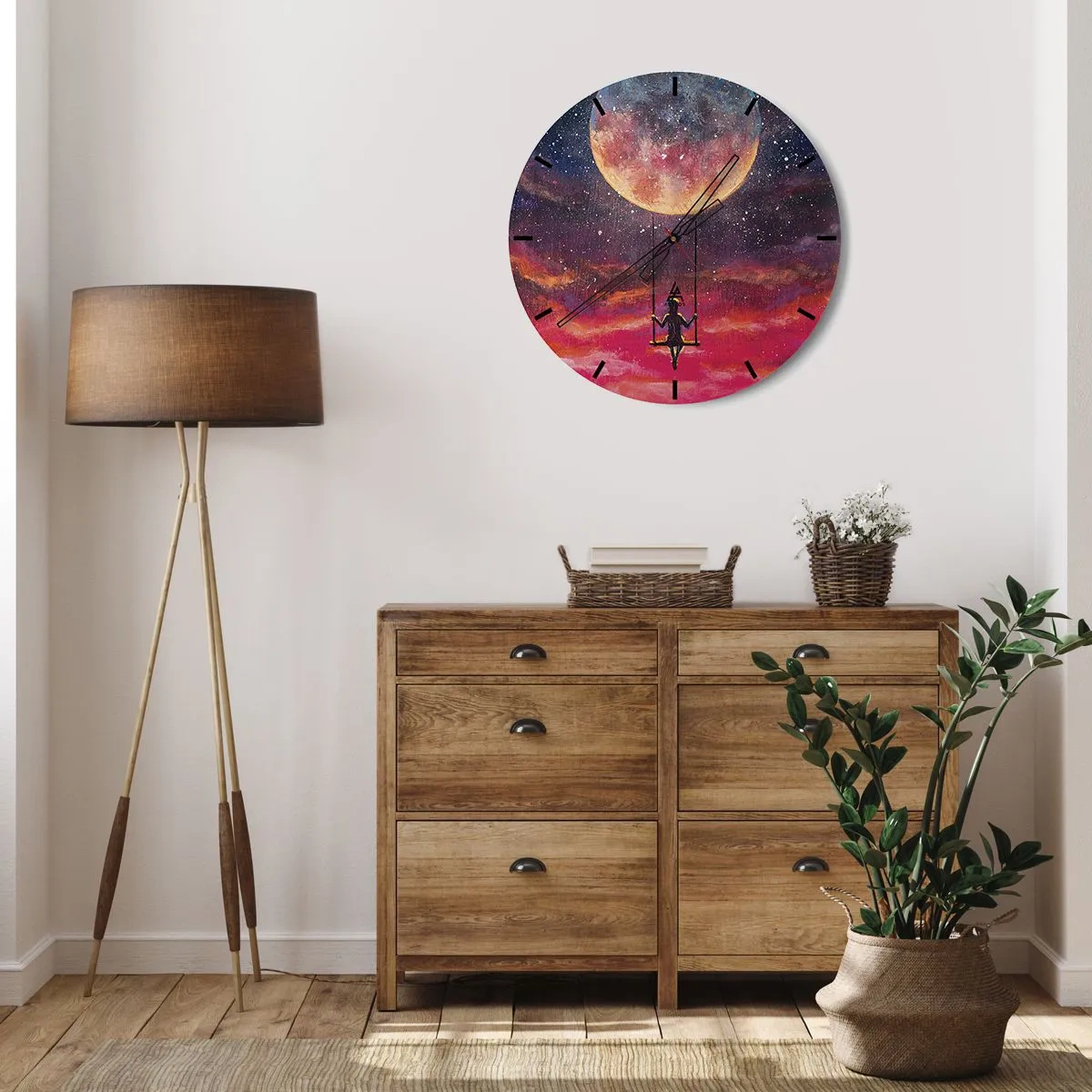 Wanduhr - Glasuhr - Ein Mädchen auf einer Schaukel unter dem Mond - 30x30cm - Traum - Moderne Wanddekoration für Wohnzimmer, Küche und Schlafzimmer ARTTOR
