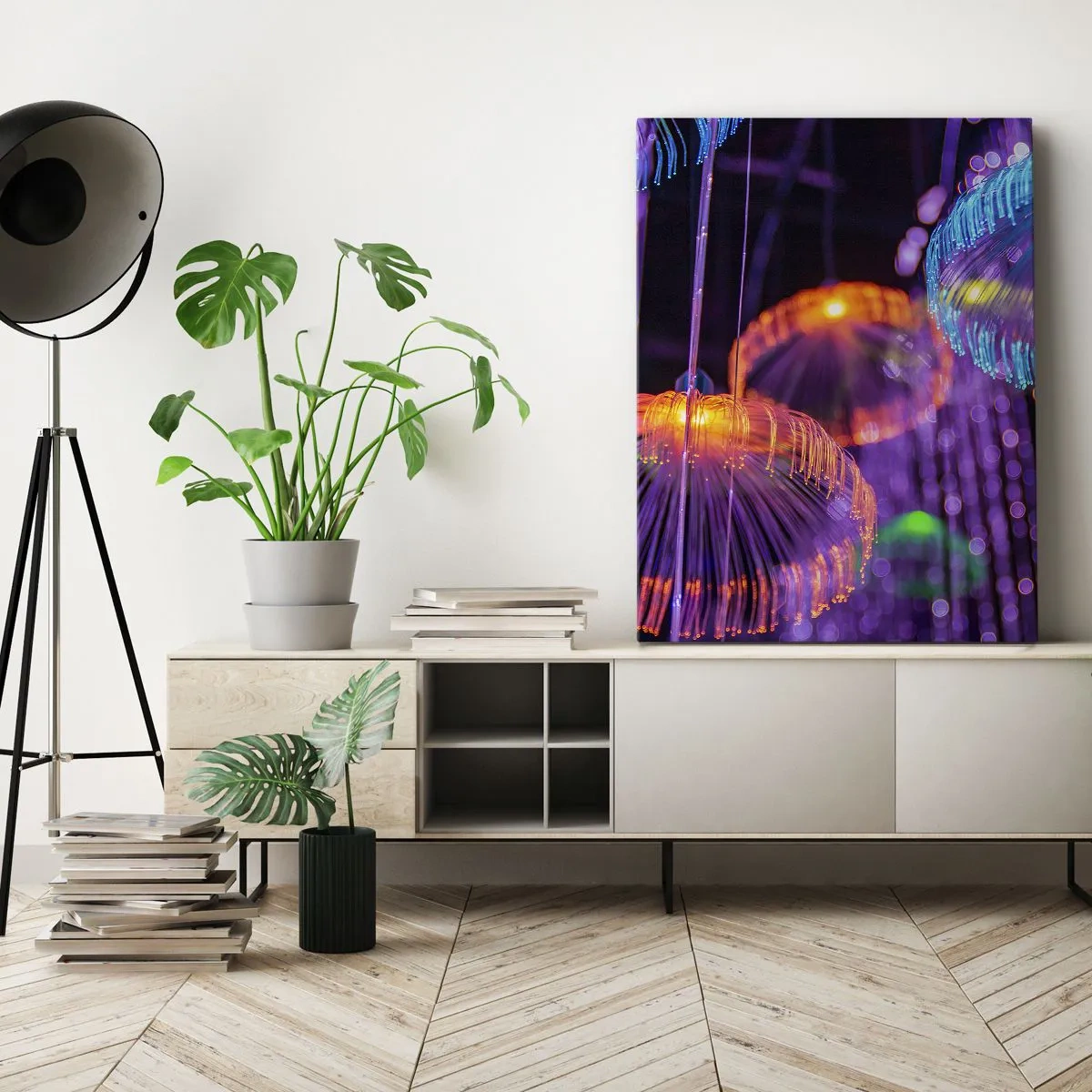 Bild auf Leinwand - Leinwandbild - Bunte leuchtende Quallen in einer dunklen Umgebung - 50x70cm - Lichtbrunnen - Moderne Wanddekoration für Wohnzimmer und Schlafzimmer ARTTOR
