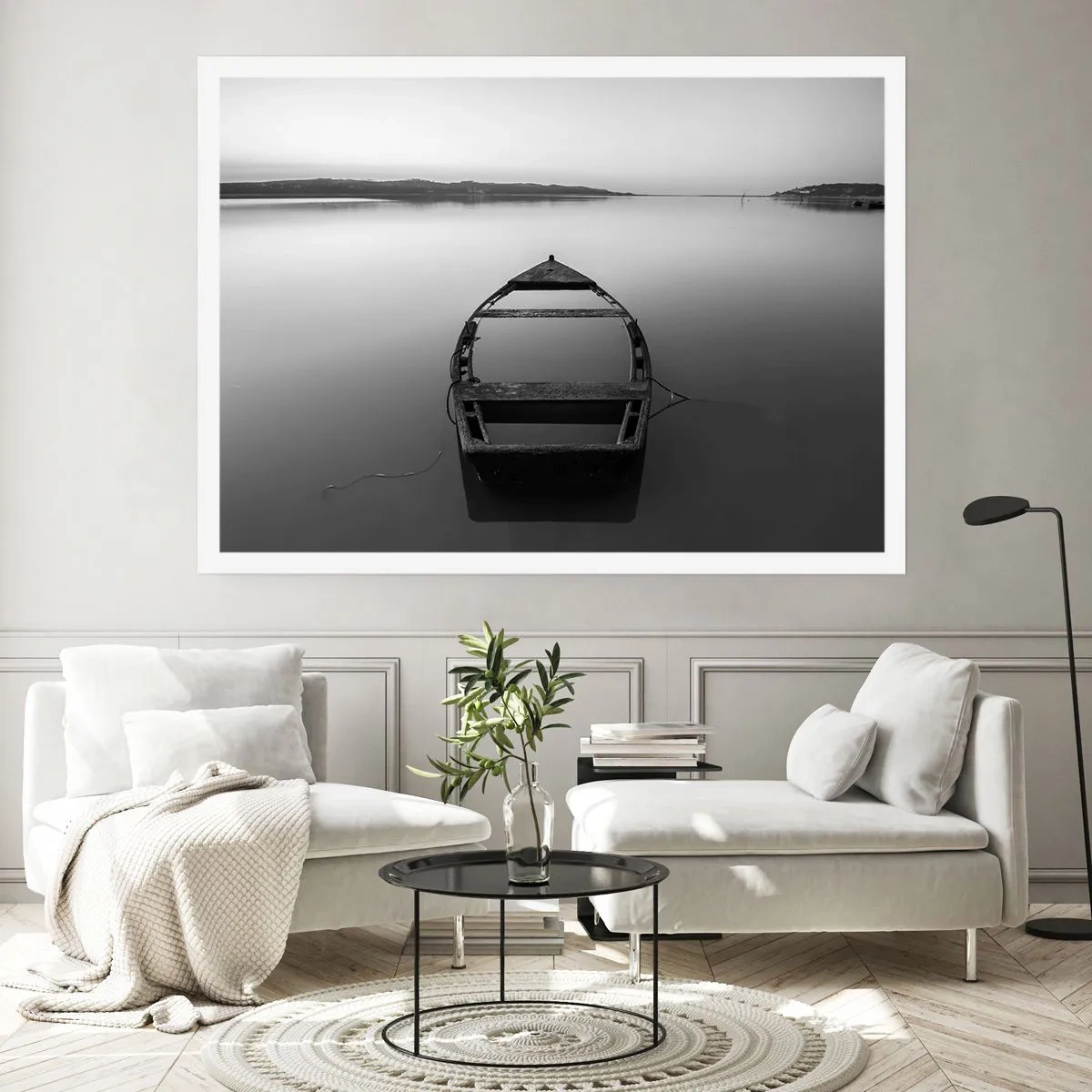 Poster - Ein einsames Boot auf einem ruhigen See in Schwarz-Weiß-Tönen - 100x70cm - Sehnsucht und Melancholie - Moderne Wanddekoration für Wohnzimmer und Schlafzimmer ARTTOR