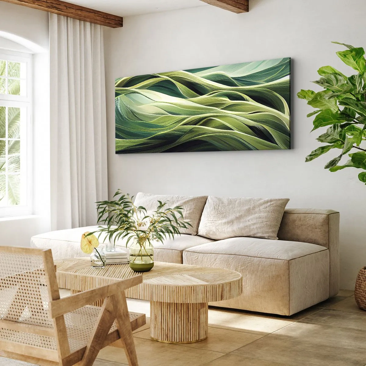 Bild auf Leinwand - Leinwandbild - Dynamische Linien in Grüntönen - 160x50cm - Abstraktes grünes Spiel - Moderne Wanddekoration für Wohnzimmer und Schlafzimmer ARTTOR