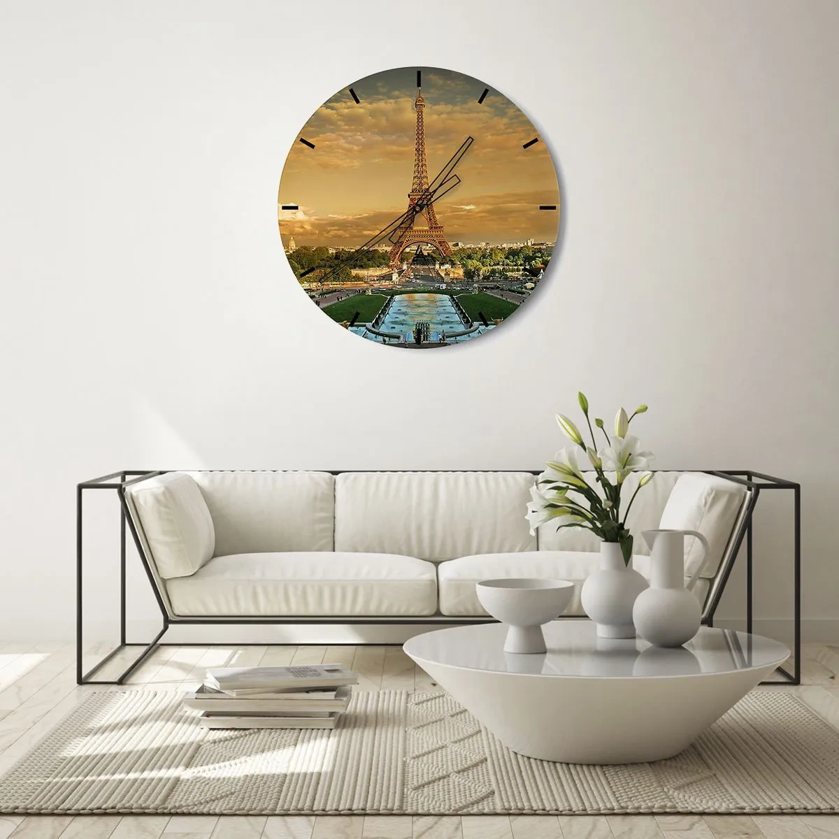 Wanduhr - Glasuhr - Blick auf den Eiffelturm bei Sonnenuntergang - 30x30cm - Königin von Paris - Moderne Wanddekoration für Wohnzimmer, Küche und Schlafzimmer ARTTOR