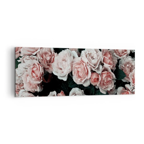 Bild auf Leinwand - Leinwandbild - Rosa Rosen auf dunklem Hintergrund in einer subtilen Komposition - 140x50cm - Rosen-Ensemble - Moderne Wanddekoration für Wohnzimmer und Schlafzimmer ARTTOR