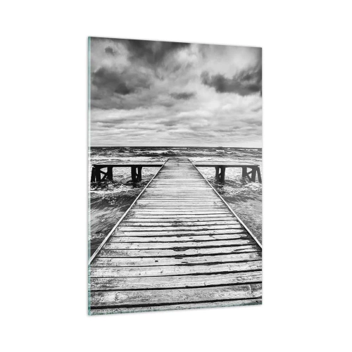 Glasbild - Bild auf glas - Ein schwarz-weißer Steg inmitten rauer Wellen - 50x70cm - Ich warte darauf, dass der Wind wegjagt... - Moderne Wanddekoration für Wohnzimmer und Schlafzimmer ARTTOR