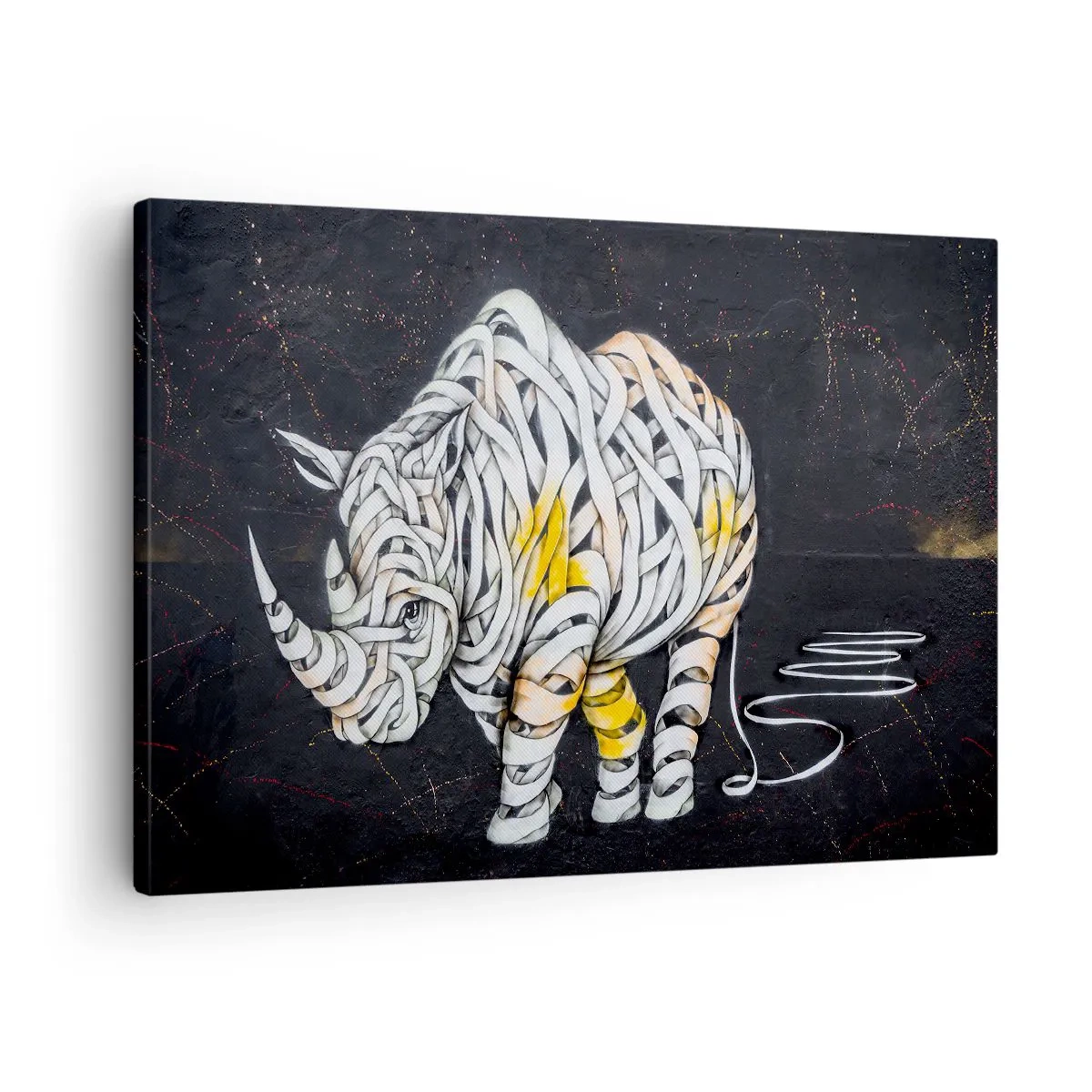 Bild auf Leinwand - Leinwandbild - Ein geschnitztes Nashorn mit abstrakten Streifen auf dunklem Hintergrund. - 70x50cm - Dicke Haut ist ein Mythos - Moderne Wanddekoration für Wohnzimmer und Schlafzimmer ARTTOR