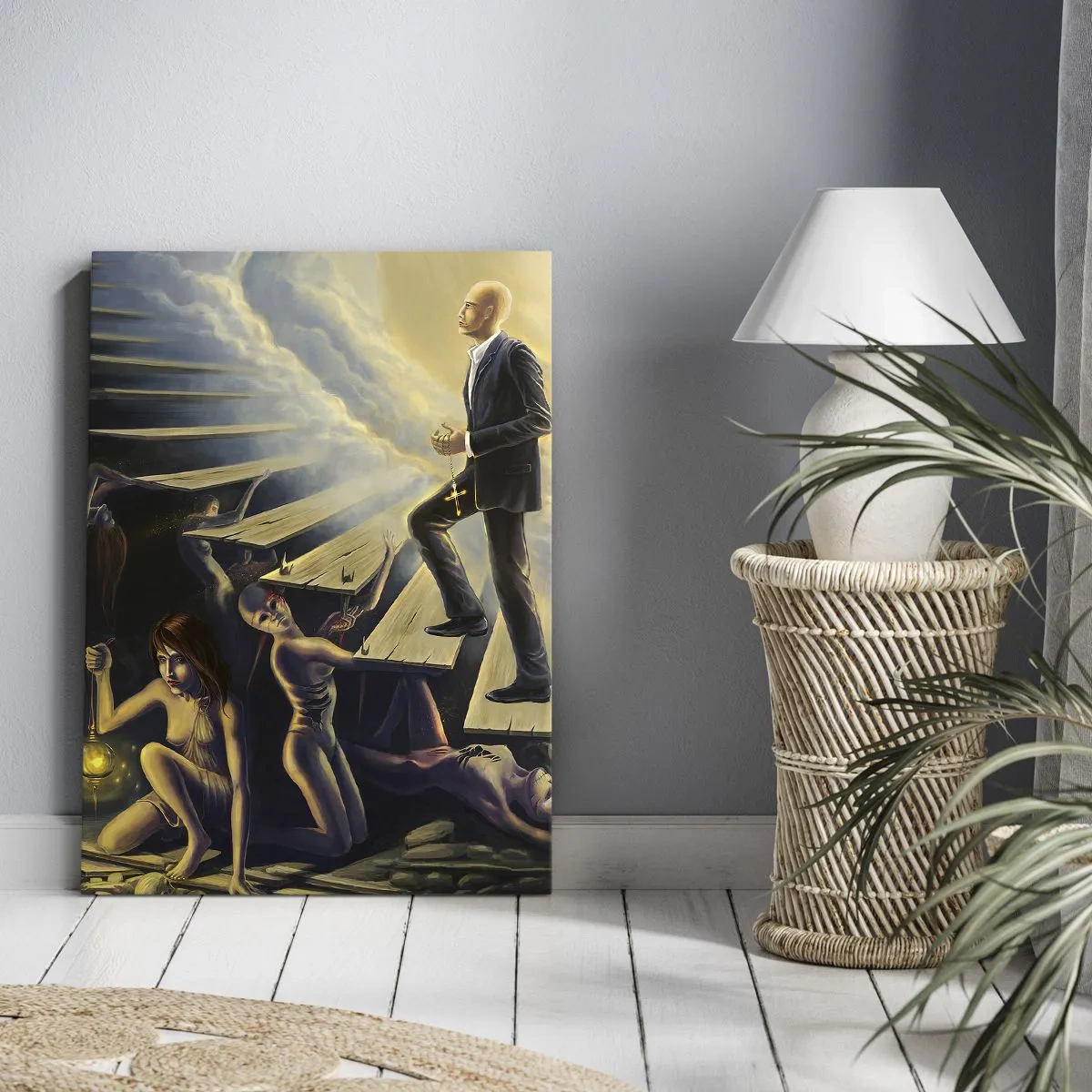 Bild auf Leinwand - Leinwandbild - Eine symbolische Szene des Weges zum Licht durch eine verfallene Treppe - 50x70cm - Danteske Reise zum Licht - Moderne Wanddekoration für Wohnzimmer und Schlafzimmer ARTTOR