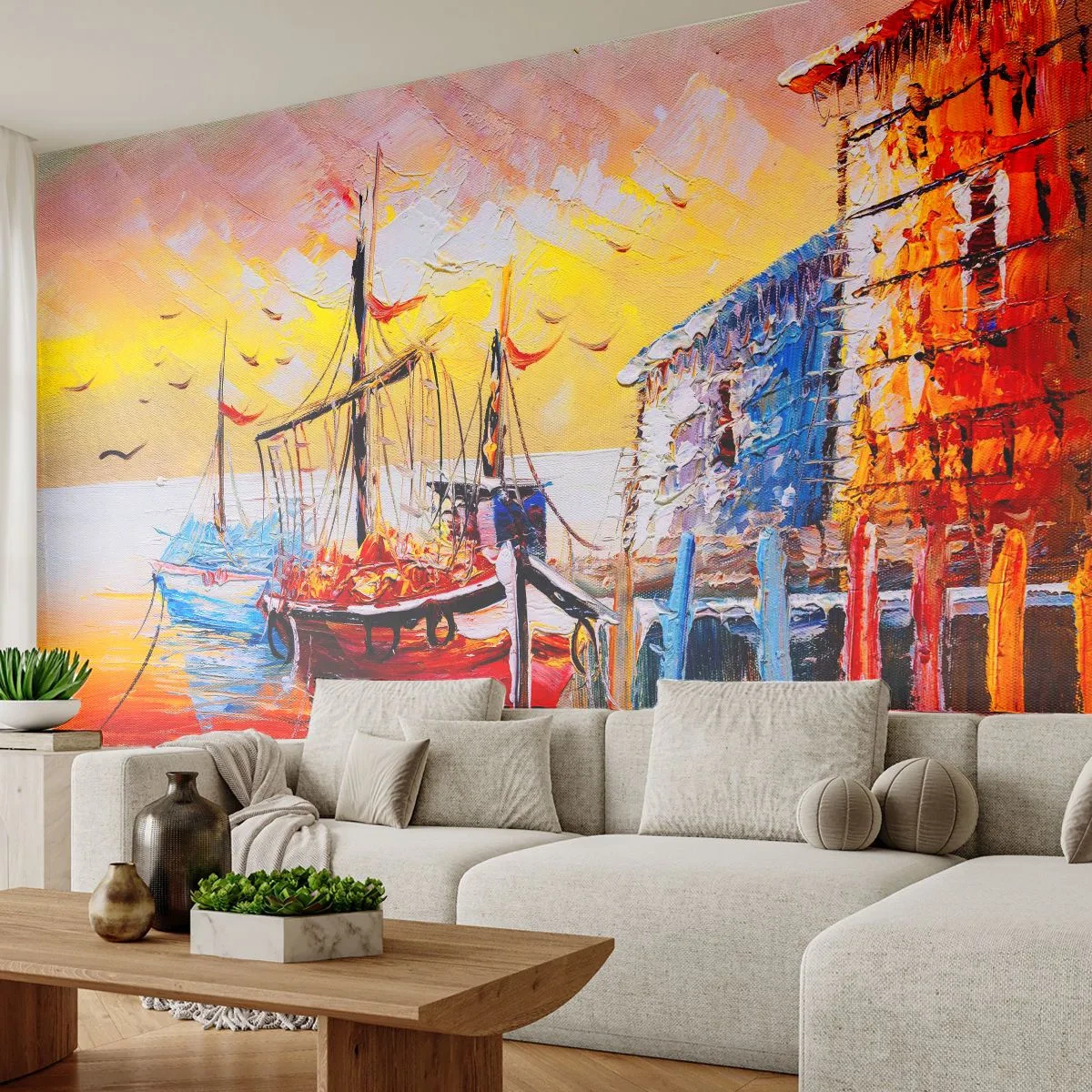 Fototapete Standard Eco - Glückliche Rückkehr - Landschaft, Fischerhafen, Boote - 200x140 cm