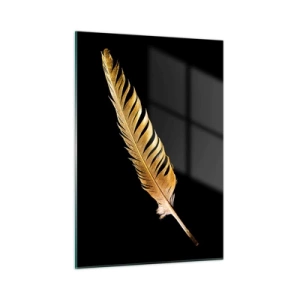 Glasbild - Bild auf glas - Eine goldene Feder auf schwarzem Hintergrund im minimalistischen Stil - 50x70cm - Er hat ein ungewöhnliches Schreibtalent ... - Moderne Wanddekoration für Wohnzimmer und Schlafzimmer ARTTOR