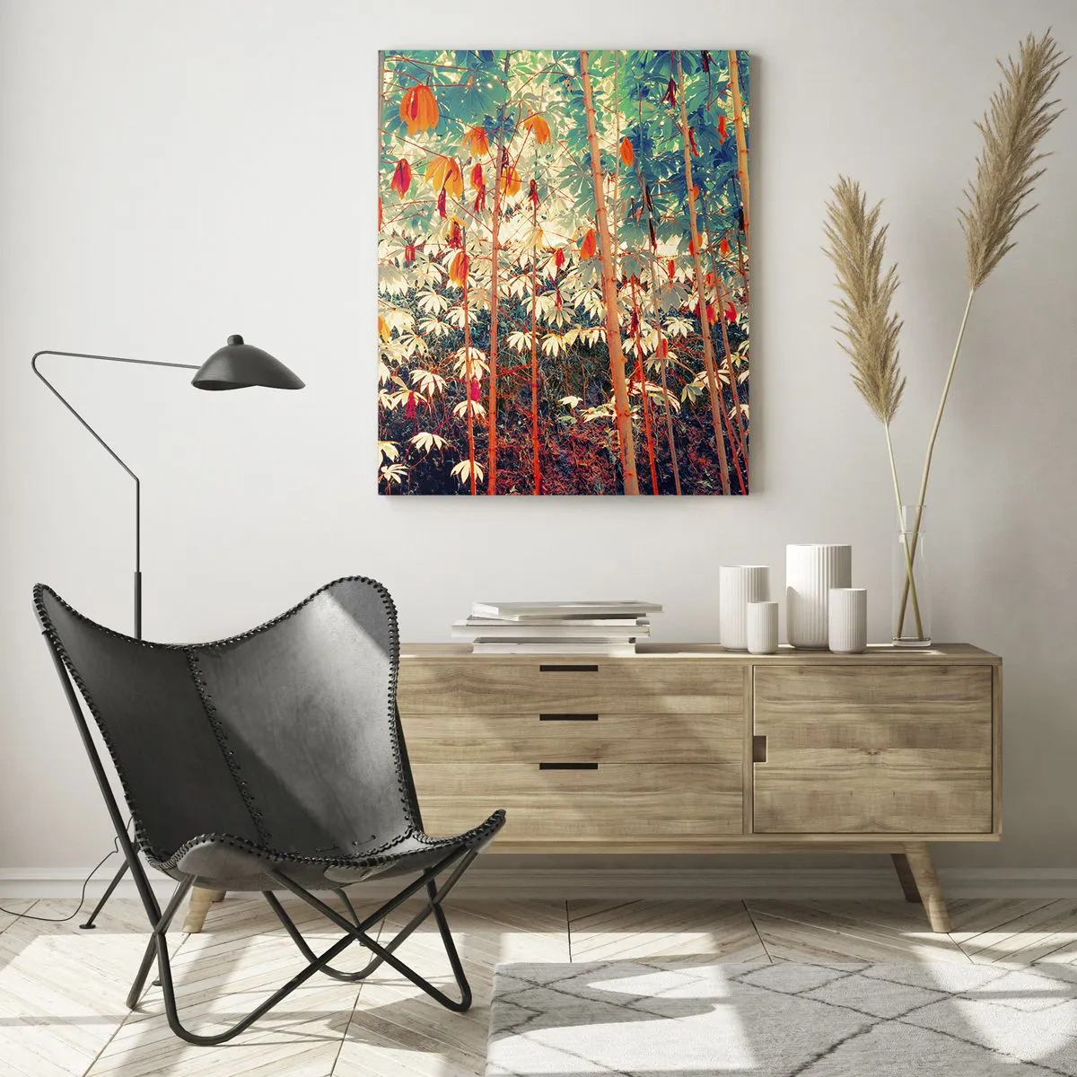Glasbild - Bild auf glas - Farbenfroher Bambuswald mit warmer Beleuchtung - 50x70cm - Das geheime Leben der Blätter - Moderne Wanddekoration für Wohnzimmer und Schlafzimmer ARTTOR