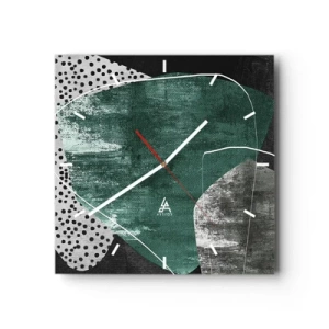 Wanduhr - Glasuhr - Abstrakte Komposition mit grünen Formen und Punktmustern - 30x30cm - Bunte Abstraktion mit Blattgold - Moderne Wanddekoration für Wohnzimmer und Schlafzimmer ARTTOR