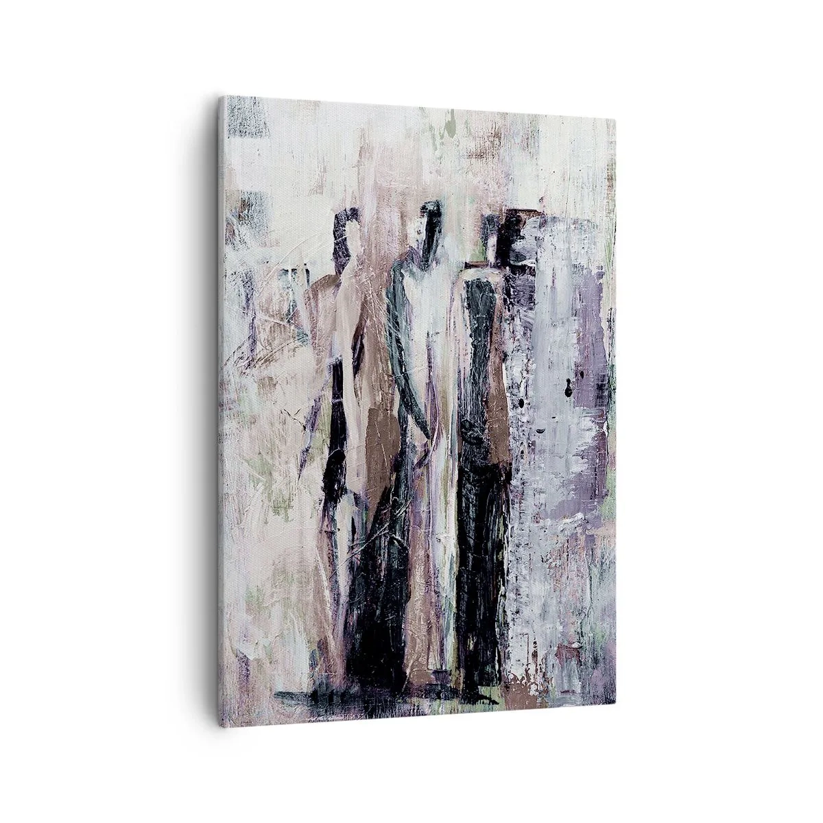 Bild auf Leinwand - Leinwandbild - Eine abstrakte Komposition mit drei Figuren in Pastellfarben. - 50x70cm - Die geheimnisvolle Drei - Moderne Wanddekoration für Wohnzimmer und Schlafzimmer ARTTOR