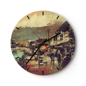 Wanduhr - Glasuhr - Eine malerische Straßenszene mit einer Brücke und Bergen im Hintergrund. - 30x30cm - Das Leben als Reichtum an Grau - Moderne Wanddekoration für Wohnzimmer, Küche und Schlafzimmer ARTTOR