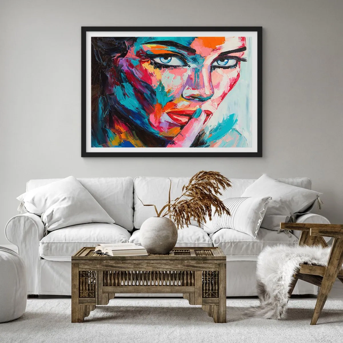 Poster in einem schwarzem Rahmen - Farbenfrohes Porträt einer Frau im abstrakten Stil - 70x50cm - Unser erstes Geheimnis - Moderne Wanddekoration für Wohnzimmer und Schlafzimmer ARTTOR