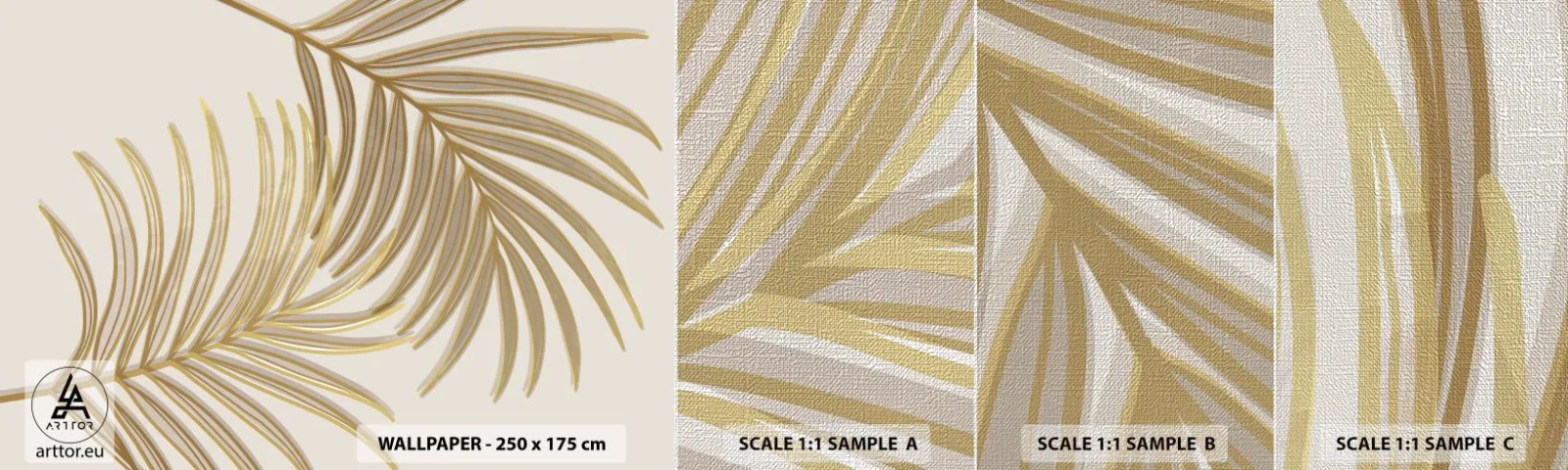 Fototapeten Muster Premium Canvas - Goldene Palme! - Abstraktion, Palmblatt, Grafik - 100x30 cm