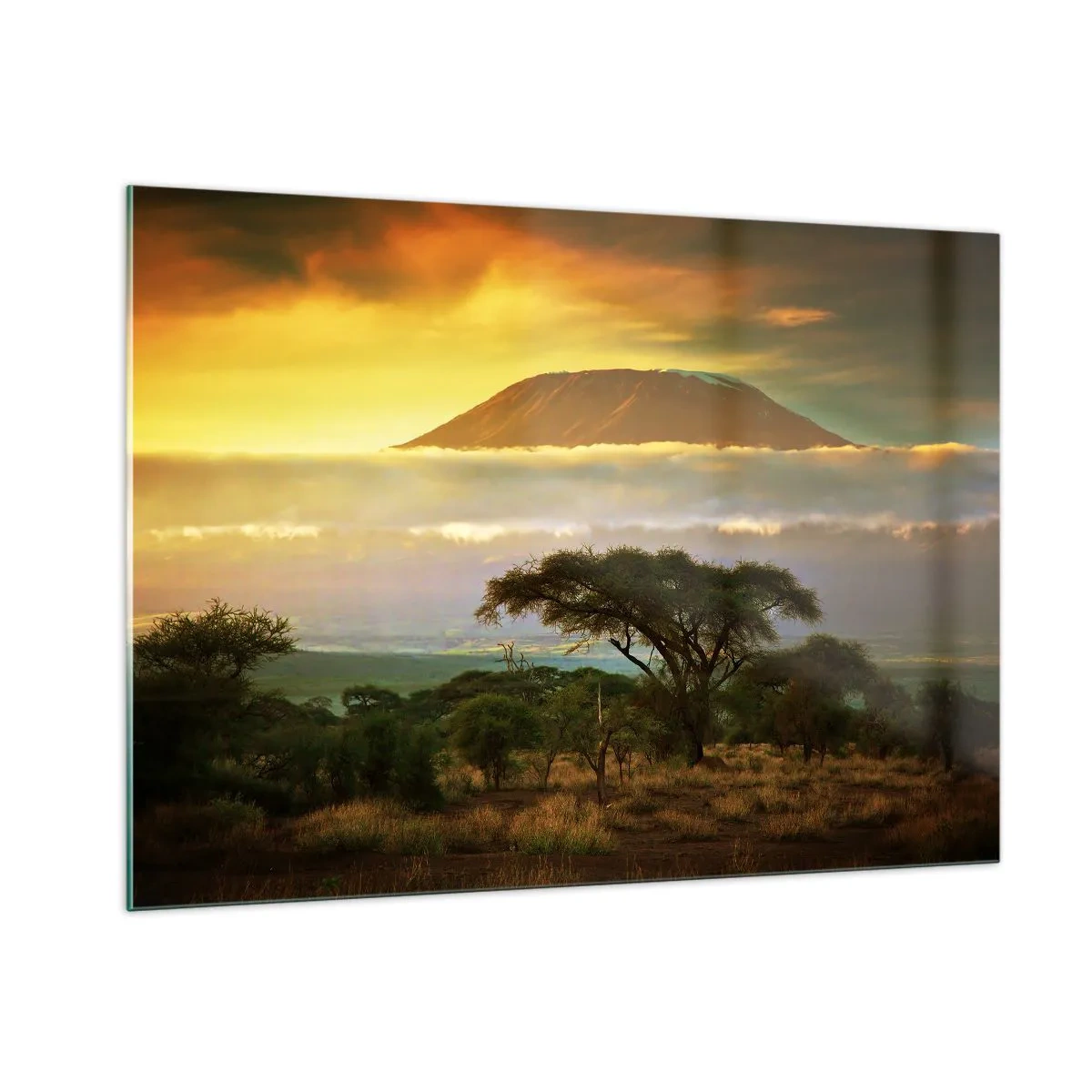 Glasbild - Bild auf glas - Der Kilimandscharo, umgeben von Wolken vor der Kulisse der afrikanischen Savanne - 100x70cm - Ein Reisetraum - Moderne Wanddekoration für Wohnzimmer und Schlafzimmer ARTTOR