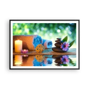 Poster in einem schwarzem Rahmen - Entspannendes SPA-Set mit Handtüchern, Kerzen und Steinen - 100x70cm - Zeit für den Körper - Moderne Wanddekoration für Wohnzimmer und Schlafzimmer ARTTOR