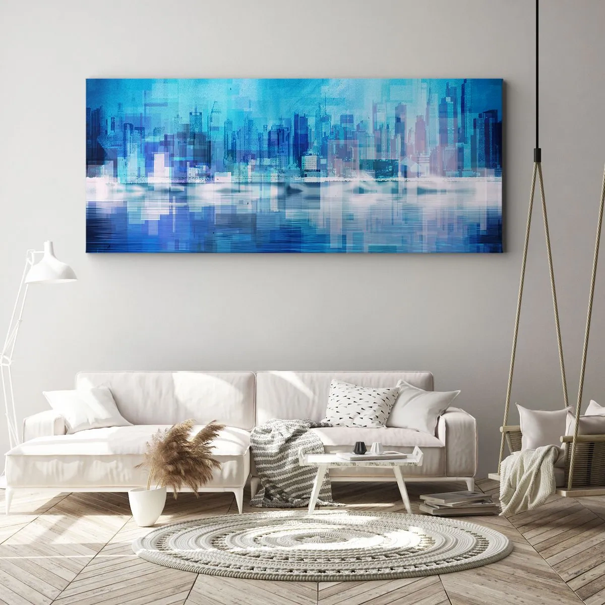 Bild auf Leinwand - Leinwandbild - Abstraktes Stadtpanorama in Blautönen - 140x50cm - In Blau ertrunken - Moderne Wanddekoration für Wohnzimmer und Schlafzimmer ARTTOR