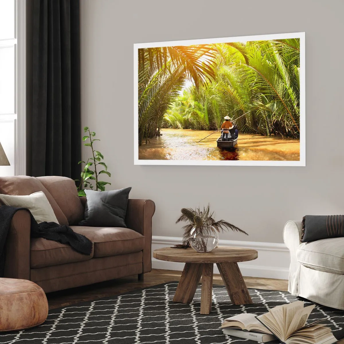 Poster - Ein Boot auf einem Fluss, umgeben von tropischer Vegetation - 100x70cm - Eine Palmenschlucht entlang - Moderne Wanddekoration für Wohnzimmer und Schlafzimmer ARTTOR