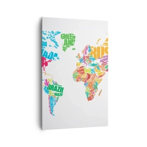 Bild auf Leinwand - Leinwandbild - Bunte Weltkarte mit Ländernamen - 80x120cm - Ich möchte sie alle treffen - Moderne Wanddekoration für Wohnzimmer und Schlafzimmer ARTTOR