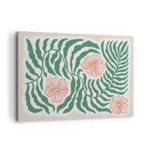 Bild auf Leinwand - Leinwandbild - Ein minimalistisches Motiv aus grünen Blättern mit Blüten in Orangetönen. - 100x70cm - Aufgeblüht in Grün - Moderne Wanddekoration für Wohnzimmer und Schlafzimmer ARTTOR
