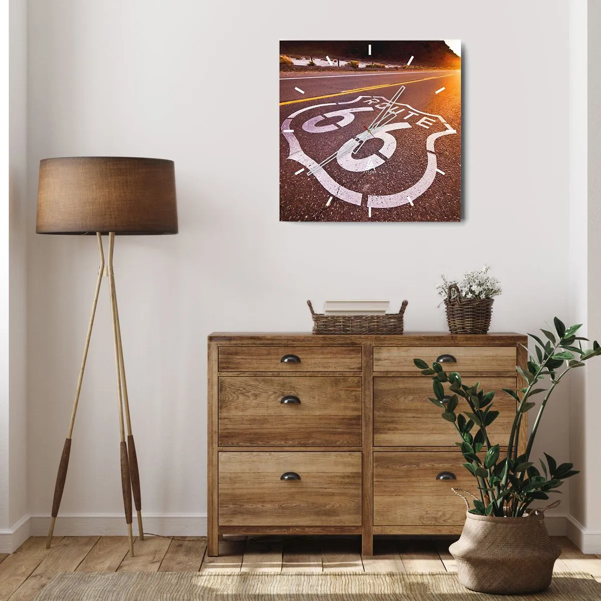 Wanduhr - Glasuhr - Route 66 bei Sonnenuntergang - 30x30cm - Die berühmte Straße 66 - Moderne Wanddekoration für Wohnzimmer und Schlafzimmer ARTTOR