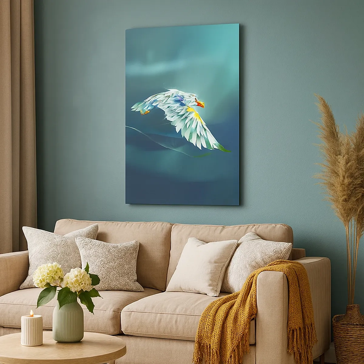 Bild auf Leinwand - Leinwandbild - Abstrakter Adler im Flug vor einem türkisfarbenen Himmel - 50x70cm - Der Adler deiner Flüge ist die Kraft - Moderne Wanddekoration für Wohnzimmer und Schlafzimmer ARTTOR