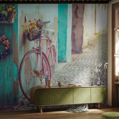 Selbstklebende Fototapete Deluxe Sticker - Ich komme gleich wieder - Fahrrad, Die Architektur, Blumen - 250x175 cm