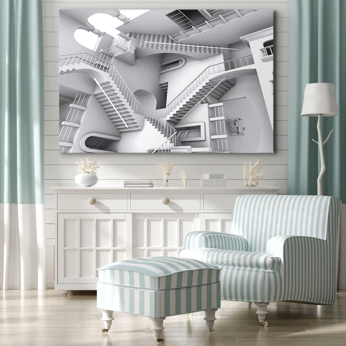 Bild auf Leinwand - Leinwandbild - Eine abstrakte Komposition aus Treppen in einer surrealistischen Raumanordnung - 70x50cm - Die Paradoxien des Weltraums - Moderne Wanddekoration für Wohnzimmer und Schlafzimmer ARTTOR