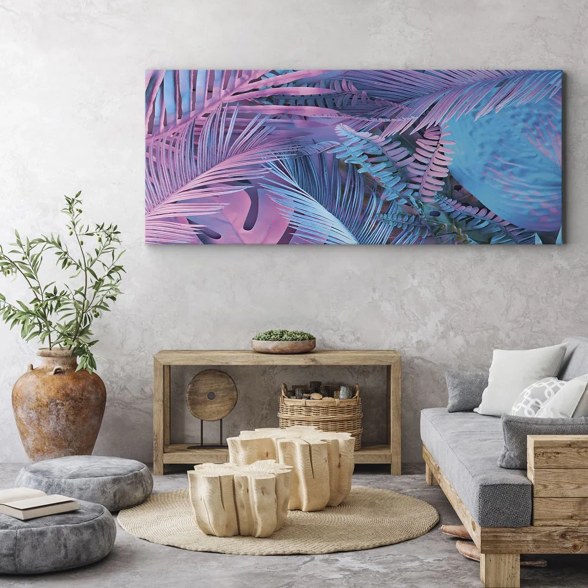 Bild auf Leinwand - Leinwandbild - Tropen in Rosa und Blau - 100x40 cm